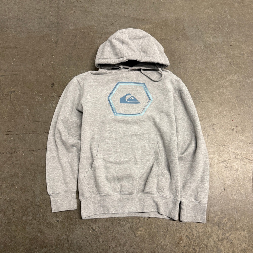 Quiksilver Mens Heather Gray Hexagon Logo Pullover Hoodie Sweatshirt Small